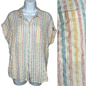 LUCKY BRAND Wms Sz L Pastel Stripe Tie Wrap Back Short Sleeve Top Blouse 7W45351